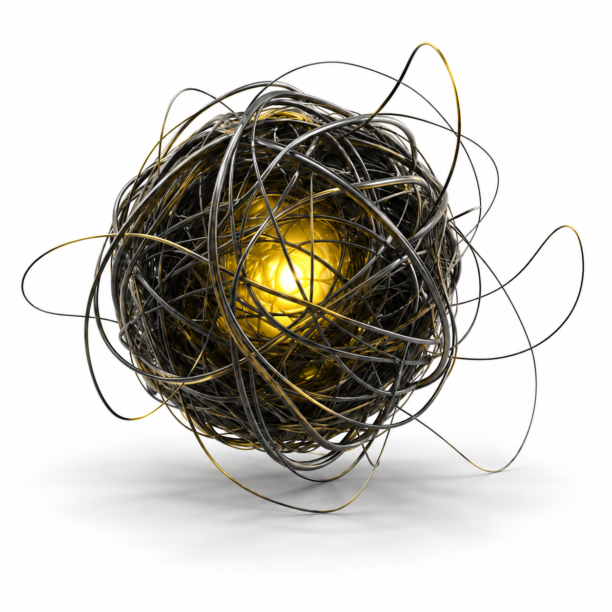 Conceptual sculpture of dark interwoven filaments surrounding a luminous yellow core.